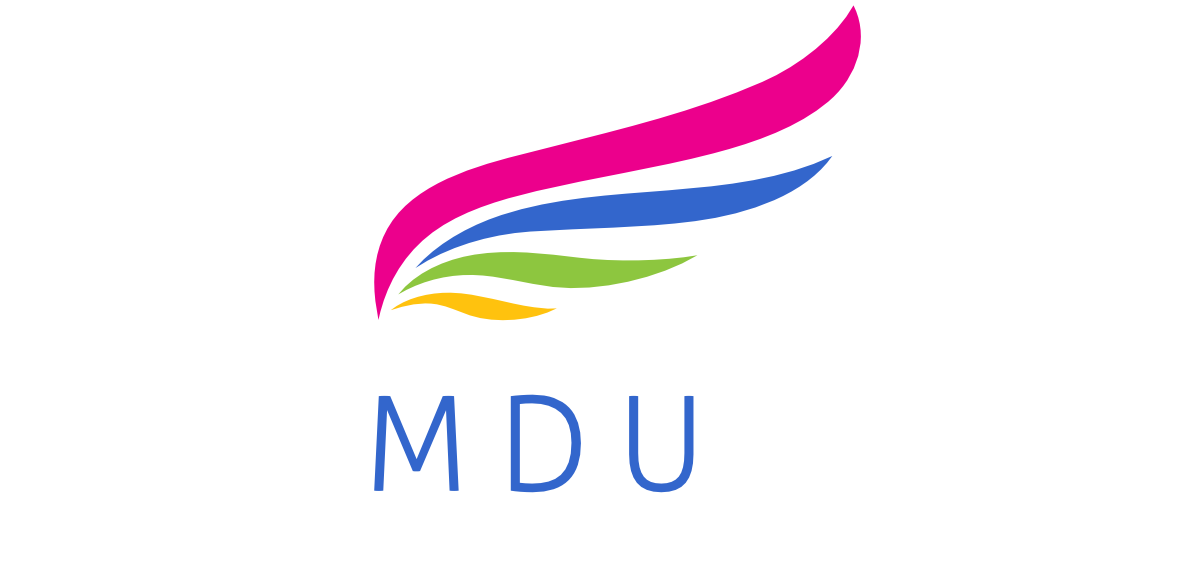 Logotyp w formie piór w kolorach Małopolski, z podpisem MDU