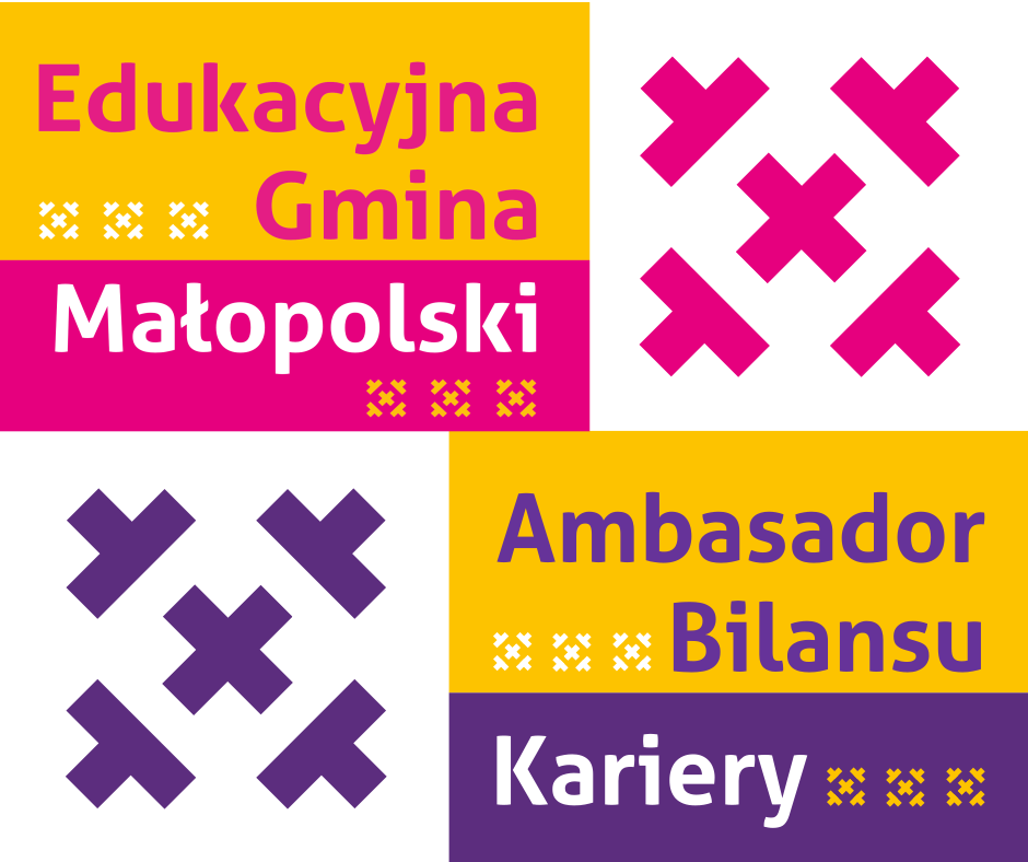 Połączone w jeden banner logotypy konkursów: Edukacyjna Gmina Małopolski oraz Ambasador Bilansu Kariery