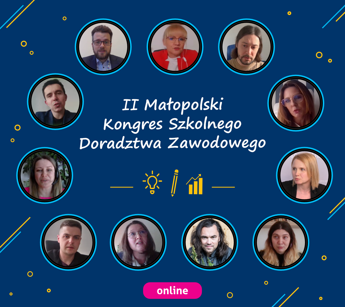 Na granatowym tle zdjęcia prelegentów ułożone w okrąg. Na środku napis: 2 Małopolski Kongres Szkolnego Doradztwa Zawodowego