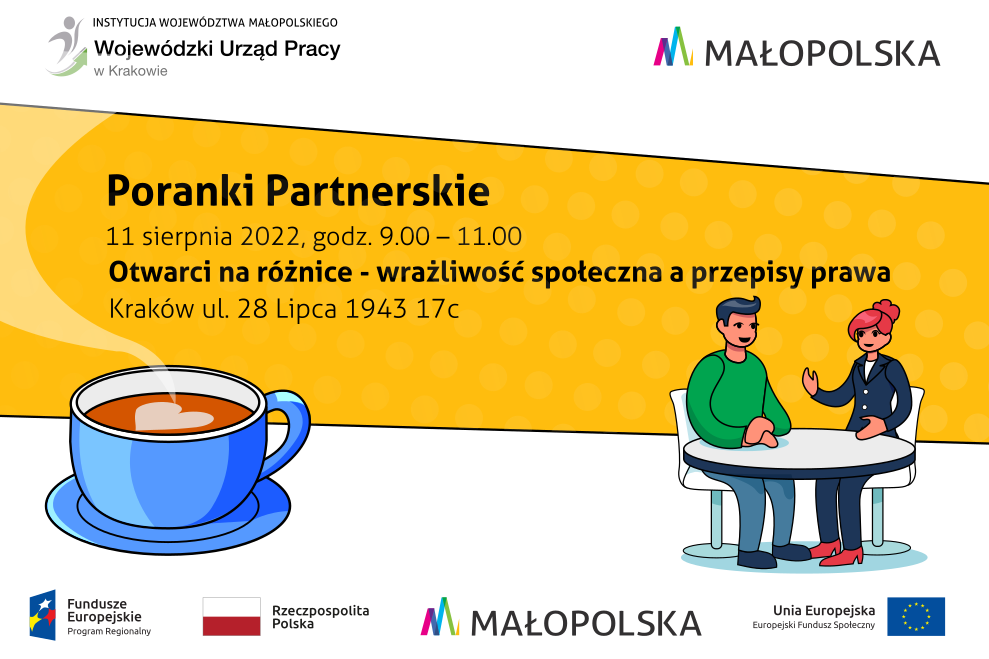 Kobieta i mężczyzna przy stolku, obok duża filiżanka z dymiącym napojem. Tytuł cyklu, data i tytuł spotkania, adres spotkania.