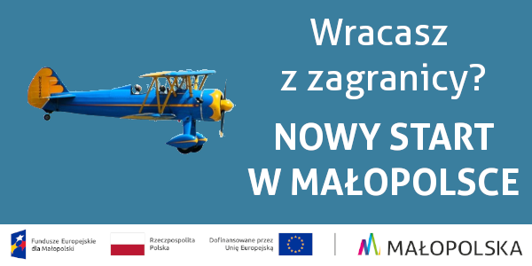 Stary samolot dwupłatowiec, napisy Wracasz z zagranicy, Nowy start w Małopolsce