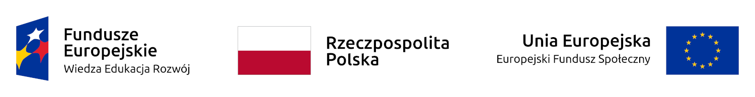 Zestawienie logotypów zawierające od lewej: znak Funduszy Europejskich z podpisem Fundusze Europejskie Wiedza Edukacja Rozwój, flaga Polski z podpisem Rzeczpospolita Polska oraz flaga Unii Europejskiej z podpisem Unia Europejska Europejski Fundusz Społeczny.